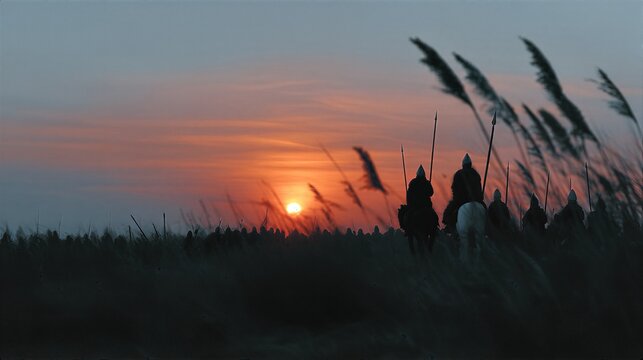 Silhouetted viking warriors on horseback at sunset in reed field. Historical scene of ancient Norse riders preparing for battle. Epic medieval adventure and conquest concept in Scandinavia.