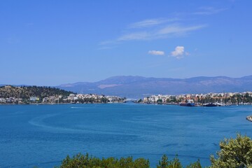 Fototapeta premium Distant view of the city of Halkida and the Euripus strait, between Central Greece and the island of Euboea