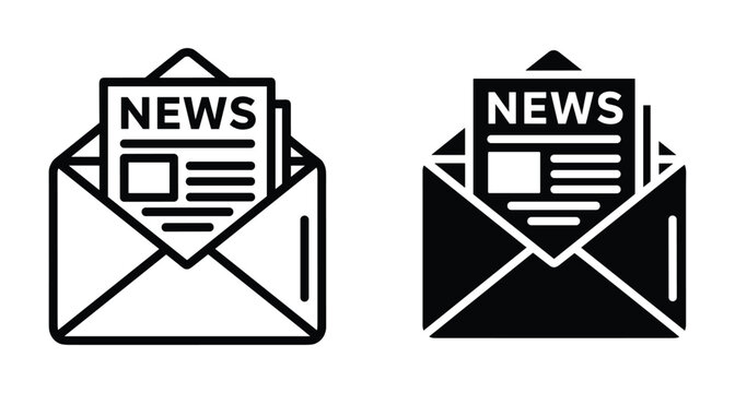 Newsletter icon set featuring open envelope with newspaper inside for email marketing subscription digital communication and daily press updates symbol