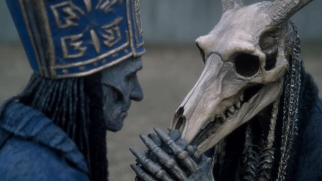 Blue-skinned alien shaman approaches and touches horned skull. Extraterrestrial ritual examination of mystical bone artifact in sci-fi fantasy sequence