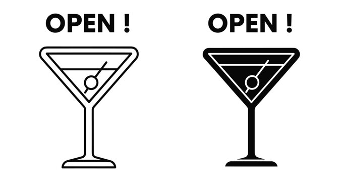 Martini glass cocktail icon set with open text sign for bar restaurant lounge nightlife party drink menu graphic design