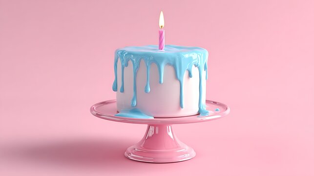 Pastel Birthday Cake with Blue Drip Frosting on Pink Background