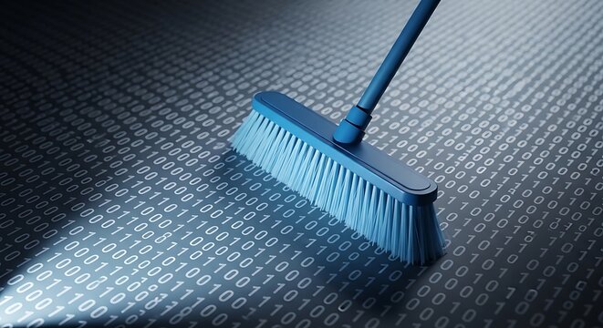 A blue handled broom with bristles positioned on a dark surface with illuminated binary code pattern.