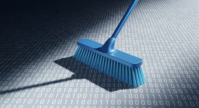 A blue handled broom with bristles resting on a surface covered in digital binary code patterns.