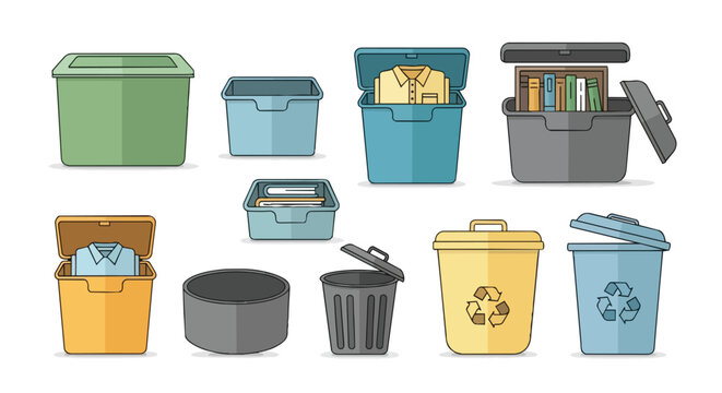 Collection of Plastic Storage Bins Recycling Containers and Trash Cans for Home Organization Illustration
