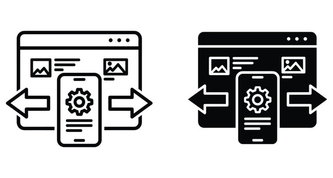 Responsive web design development icon set showing browser window smartphone mobile optimization settings gear configuration arrows for cross platform interface