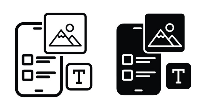 Mobile application interface icons showing smartphone screen with photo gallery image and text editor tools for content creation and social media management
