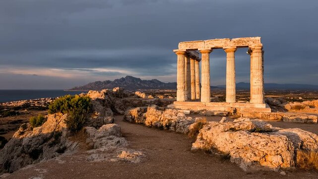Ancient Greek temple ruins evolving from cloudy day to golden sunset. Classical archaeology site symbolizing antiquity and enduring legacy.