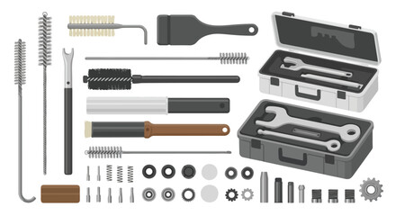 Fototapeta premium Flat lay of assorted tools and equipment for home repair and maintenance on a white background.