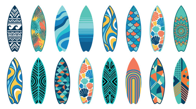 Collection of surfboards with various colorful patterns and designs on a white background in a flat lay composition.