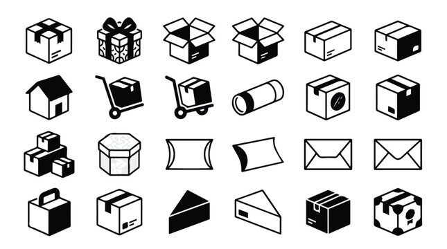 A collection of 25 black and white line icons depicting various packaging and shipping symbols on a plain white background.