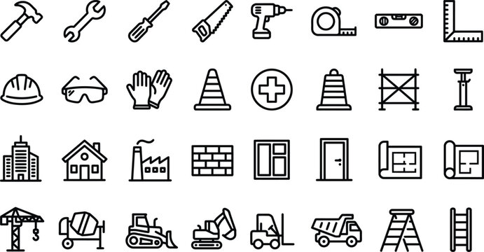Construction icon set bundle building tools and equipment symbols