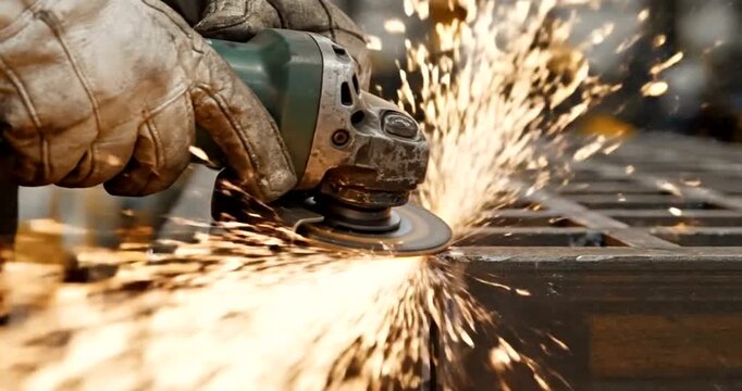 Close-up of industrial metal grinding sparks flying from angle grinder cutting through rusty metal sheet in workshop