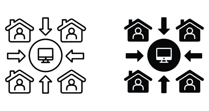 Remote work icon set showing people working from home connected to a central computer server via arrows in outline and solid styles