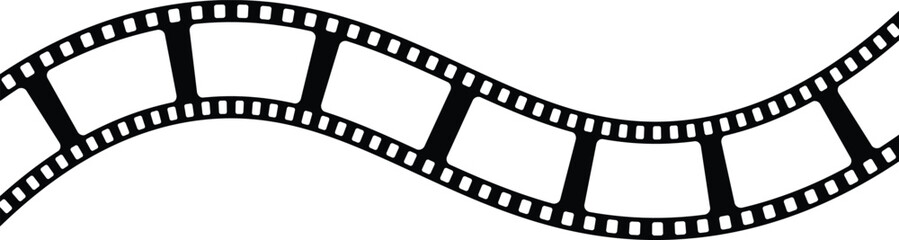Fototapeta premium Black wavy film strip silhouette vector illustration. Curved cinema reel band with perforated frame design. Retro movie filmstrip graphic for media and entertainment layout. 