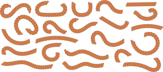 Brown twisted rope curve element set vector design. Braided orange cord collection in wavy scattered layout. Nautical textured knot graphic for marine and craft use.  © IT park