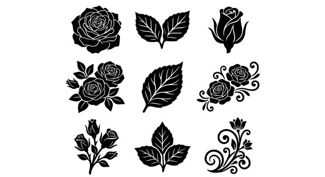 Decorative rose flower silhouette vector set with elegant botanical leaves collection