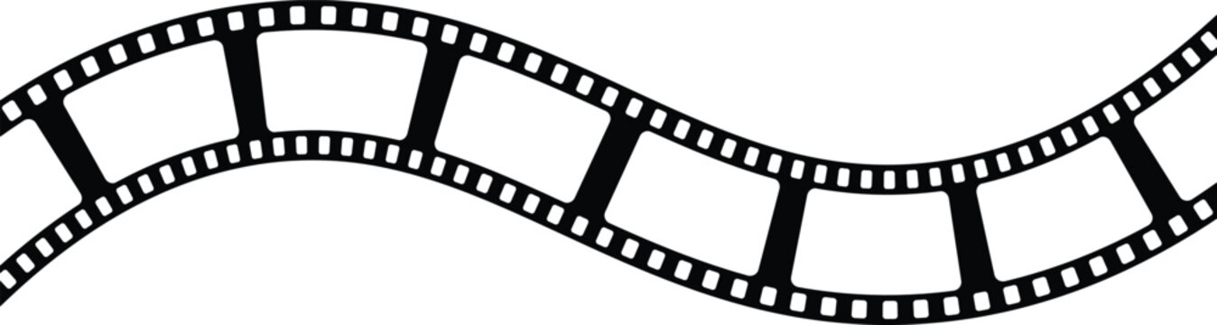 Black wavy film strip silhouette vector illustration. Curved cinema reel band with perforated frame design. Retro movie filmstrip graphic for media and entertainment layout.

