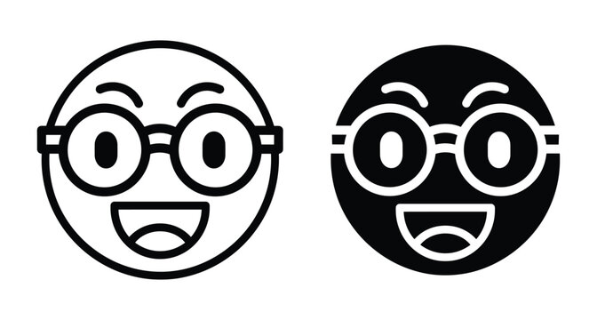 Smiling emoji face wearing round glasses nerd character icon set with outline and solid black versions for digital communication design