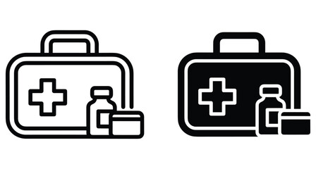 Fototapeta premium medical first aid kit icon set with medicine bottle and ointment jar for healthcare emergency treatment and hospital supplies graphic