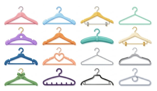 Cute clothing hanger vector 3D icon set cartoon wardrobe hooks isolated on white background