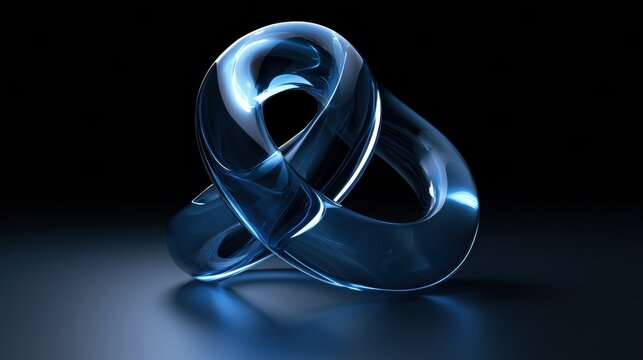 A four-dimensional geometric form is created in blue glass, showcasing self-intersecting topology and internal reflections in dark settings.