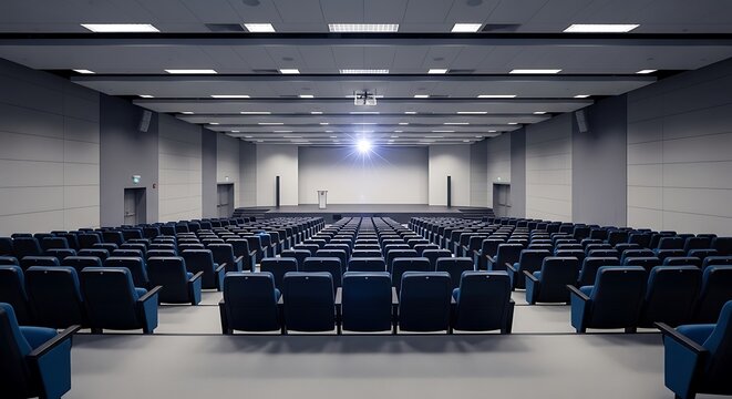 A large empty auditorium with rows of blue seats facing a stage.