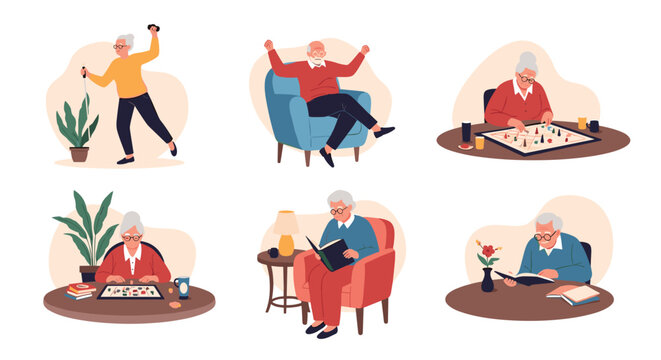 Set of illustrations featuring elderly men and women engaged in different hobbies like gardening, reading, playing games, and relaxing.