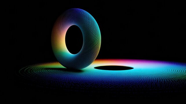 Complex surface subdivision creates a geometric torus showing rich color shifts on a dark background, illustrating the beauty of mathematical forms.