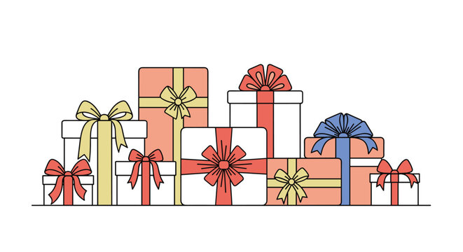 Large pile of colorful gift boxes with various bows and ribbons prepared for a special holiday or birthday celebration.