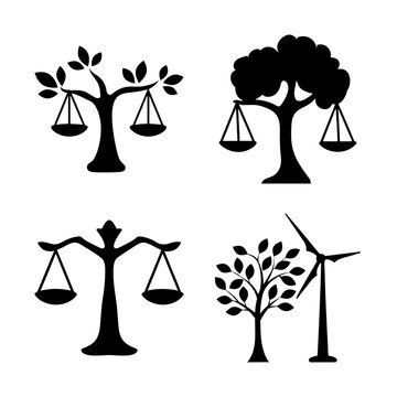 Balanced nature and energy icons set - Four stylish icons showing balance scales, trees, and wind turbines representing harmony between nature and energy.