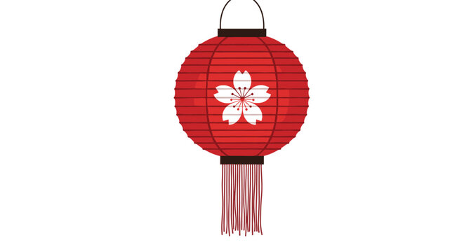 Traditional red Japanese paper lantern decorated with a white cherry blossom flower and featuring long tassels.
