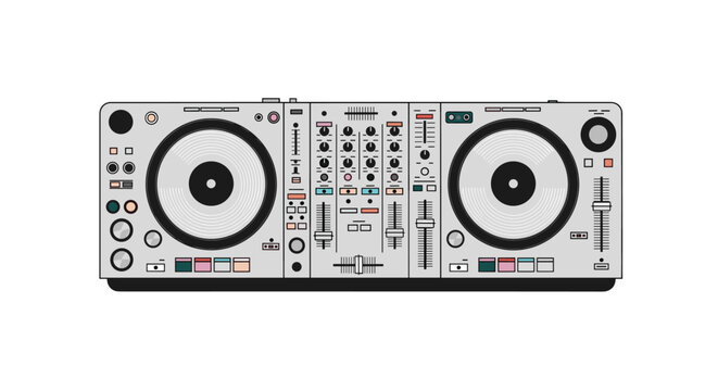 Detailed illustration of a professional DJ controller deck with turntables, sliders, and various control knobs.