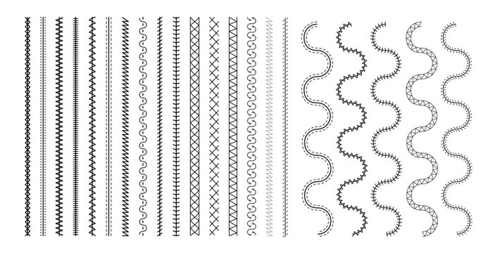 Embroidery stitch. Sewing seam borders, brushes and seamless textile patterns with editable stroke path, isolated on white background. Vector set