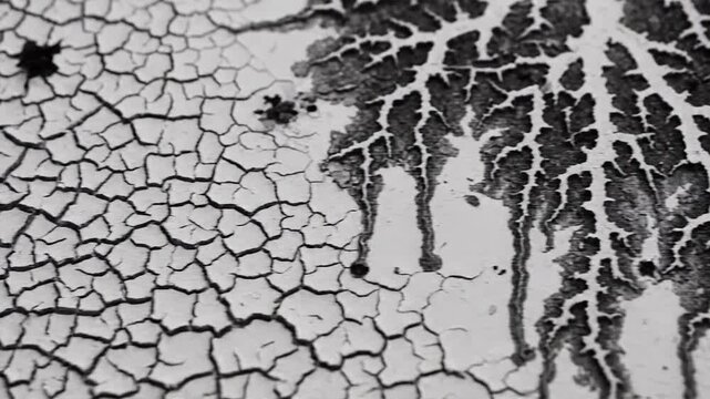 Macro Abstract of Black Ink Spreading Through White Cracked Paint Texture