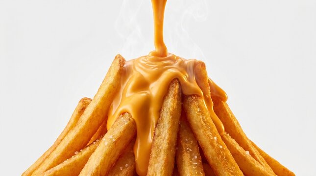 Fries volcano with flowing cheese sauce, crispy texture, fast food concept, dramatic macro detail, viral thumbnail style, indulgent snack advertising image. Isolated on White background