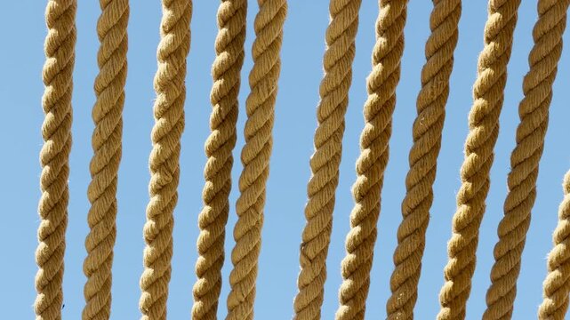 Sturdy twisted ropes hang in a neat row against a bright blue sky. Their coarse, rustic fibers create a warm, calming texture that evokes a breezy, carefree seaside feeling.