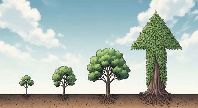 A stylized illustration showing four trees of varying sizes growing upward from soil, emphasizing natural development and upward progression.