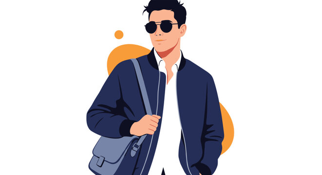 Stylish young man wearing a dark jacket and sunglasses with a shoulder bag posing against an orange circle.