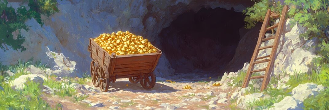 Mine cart filled with gold nuggets at cave entrance with wooden ladder. Riches concept for game design and retro pixel art. Banner with copy space