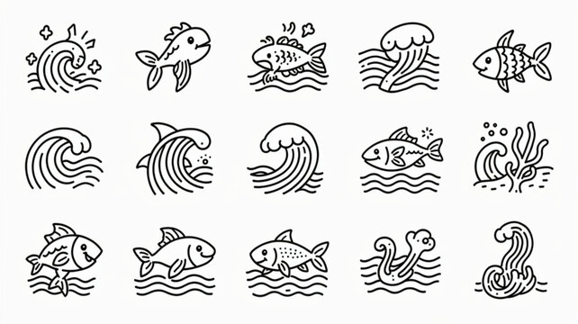Fish and wave line art icons.