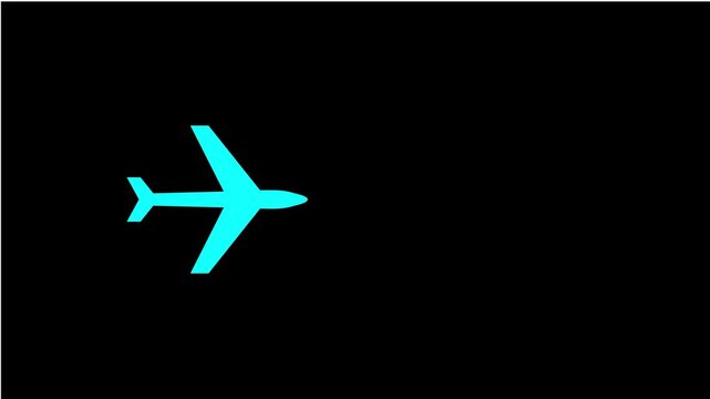Cyan Airplane Icon Flying Across Screen on Black Background, Travel and Aviation Concept