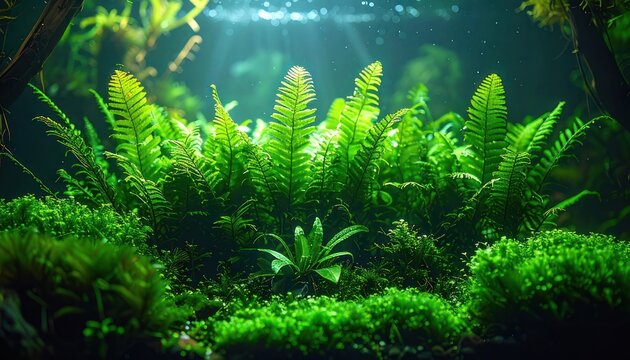A vibrant underwater scene showcases lush green ferns and moss thriving in a tranquil aquatic environment, illuminated by dappled sunlight.