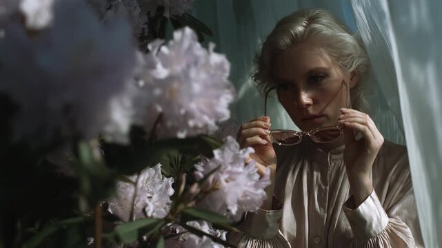 Blonde woman wearing rose tinted sunglasses among white hydrangea flowers. She adjusts frames on her face then holds them in hands. Elegant fashion pose with soft natural light through sheer curtains