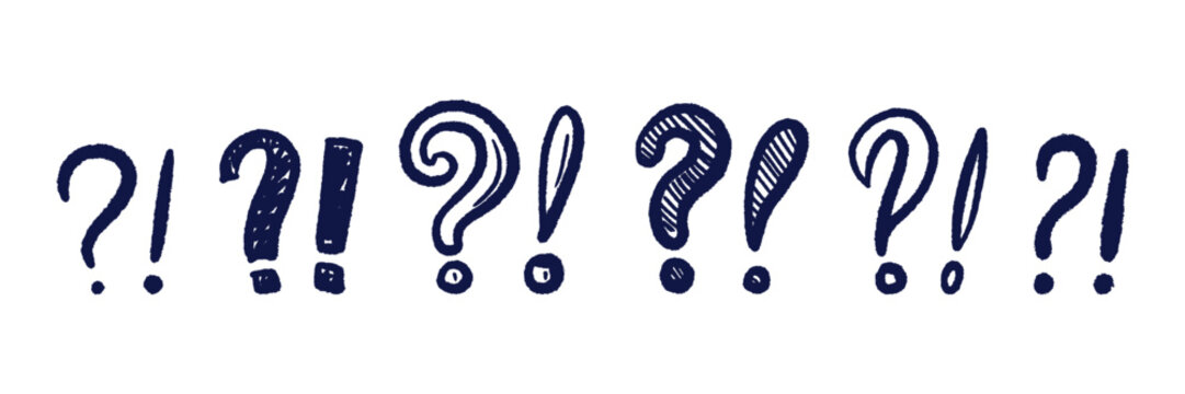 Hand drawn question mark and exclamation point create a playful doodle backdrop. Sketch style icon perfect for quiz design, FAQ section or comic illustration. Vector hand drawn scribble set