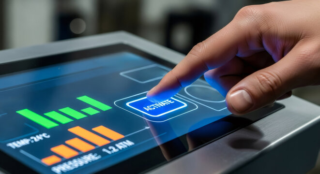 Man finger presses activate button on interactive industrial control screen. Human machine interface with data and charts for robotization. AI concept.