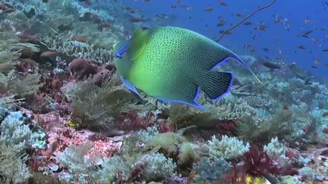 A majestic blue angelfish elegantly glides through a vibrant, shallow coral reef during the day.
