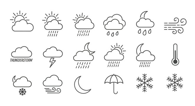 Minimalist weather icon set, 18 thin line meteorology symbols, black outline weather forecast vector graphics for mobile apps and web interfaces