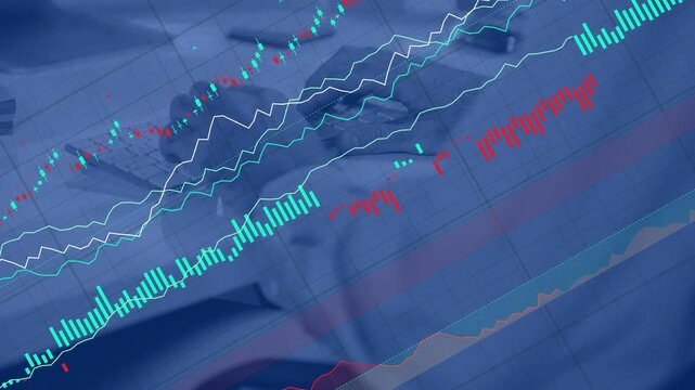 Typing hands on keyboard starting finance charts moving up-right into dense overlays for insight