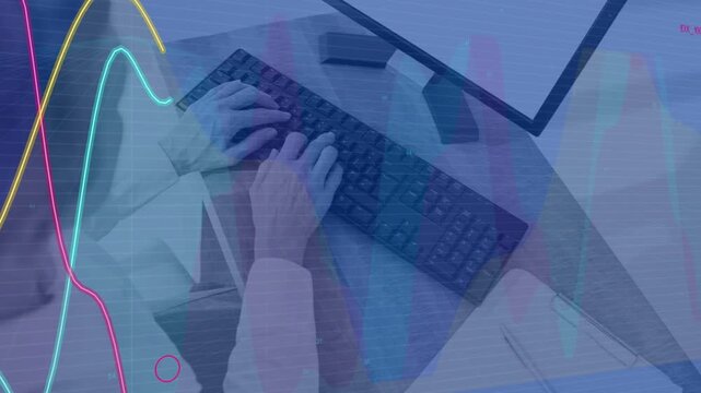 Woman typing and initiating waveforms sliding across keyboard, covering monitor, tracing tech data